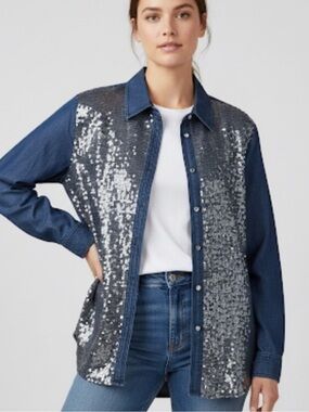 Chico's Platinum Sequin Denim Tabitha II, Venice Wash LS Shirt, Size 3 NWOT